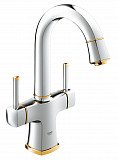 Смеситель для раковины Grohe Grandera с донным клапаном и поворотным изливом, хром/золото