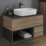 Тумба-умывальник COMFORTY Штутгарт-90 дуб тёмно-коричневый с антрацитовой матовой столешницей c раковиной COMFORTY T-Y9378